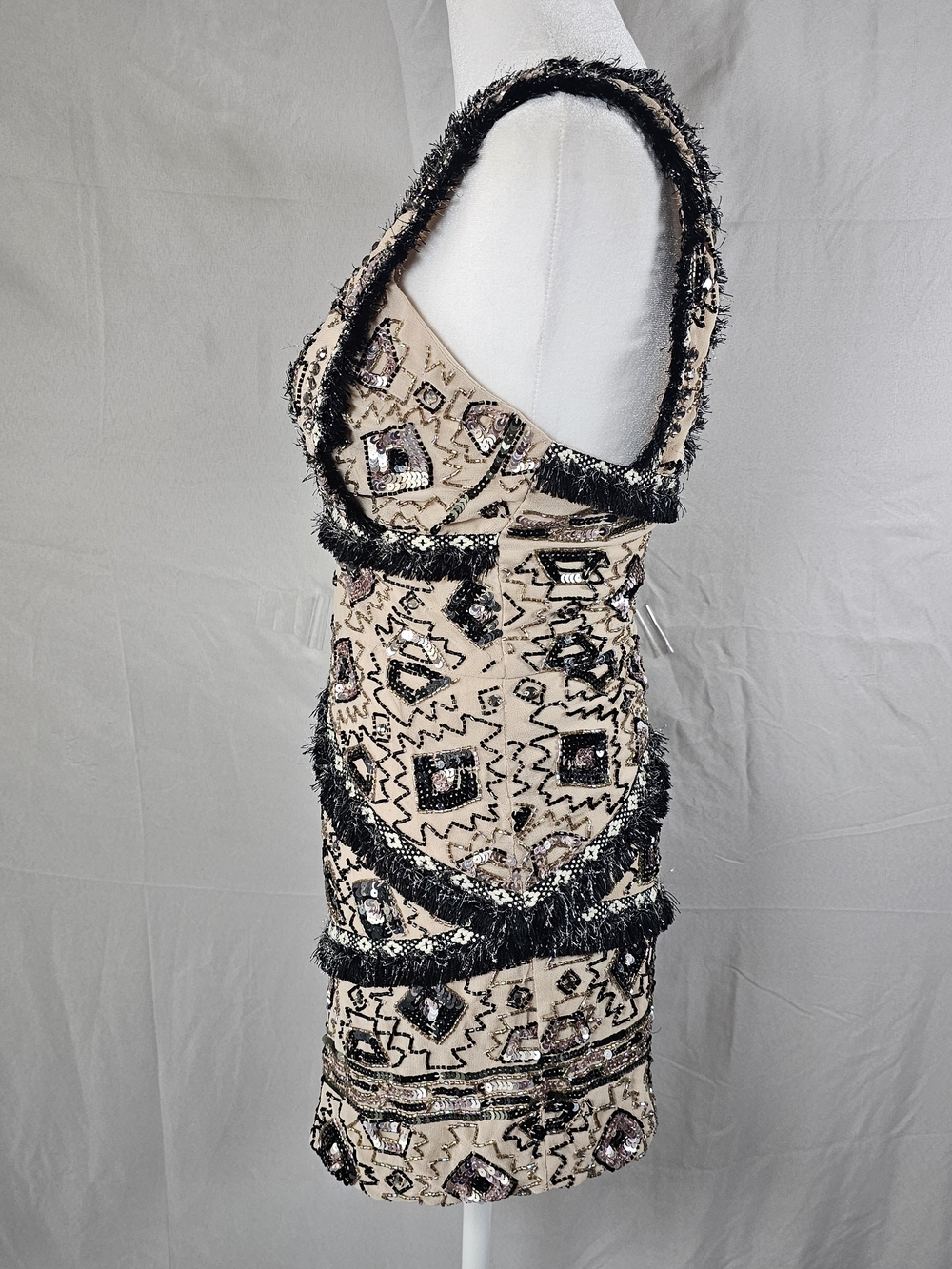 ASOS DESIGN, Beaded V-Neck Dress in Nude and Black - Picture 4 of 12
